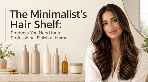Blog thumbnail showing essential hair products on a bathroom shelf and a woman with smooth, glossy hair, with the title “The Minimalist’s Hair Shelf: Products You Need for a Professional Finish at Home