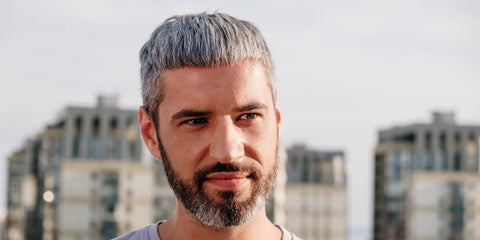  A man with bright silver tones and a healthy, well-groomed hairstyle.