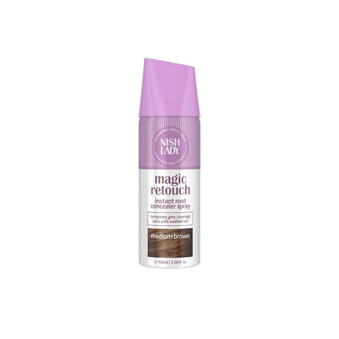 Nish Lady Magic Retouch instant root concealer spray for medium brown hair on a white background